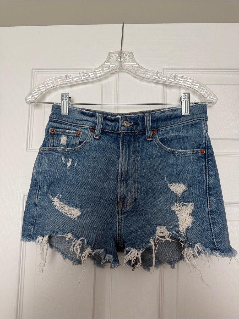 Abercrombie & Fitch Distressed High-Rise Denim Shorts - Blue